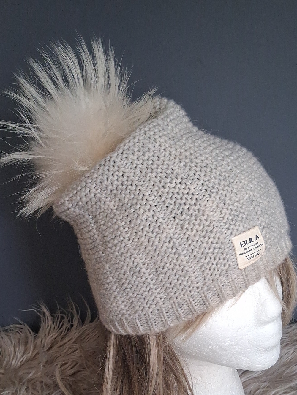 BULA  Wool Winter Hat With Blue Fox Pompom